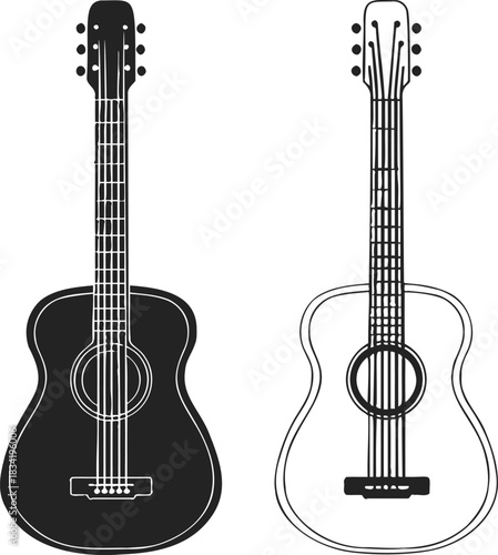 Acoustic guitar sketch hand drawn outline and silhouette front view. Vector illustration