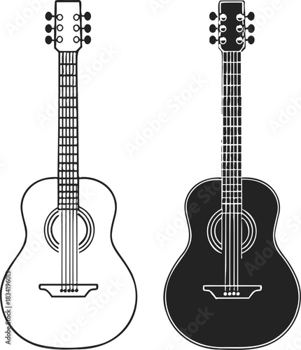 Acoustic guitar sketch hand drawn, black and white outline and silhouette. Vector illustration