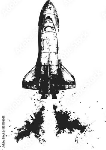 Space shuttle sketch hand drawn style launching with smoke and flames. Vector illustration
