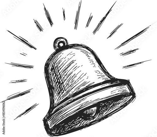 Bell sketch hand drawn ringing with sound lines. Vector illustration