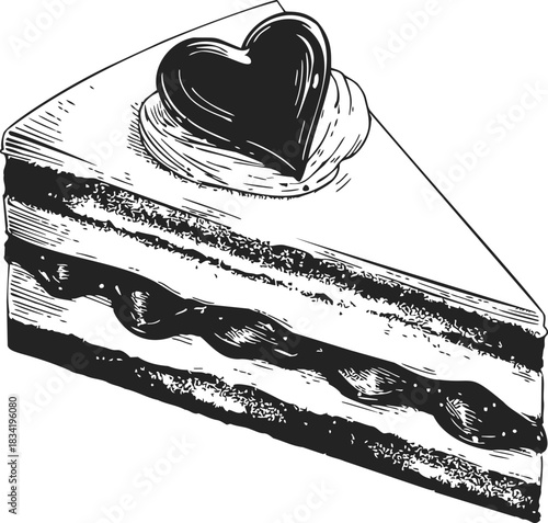 Cake slice sketch with heart decoration, hand drawn layered dessert. Vector illustration