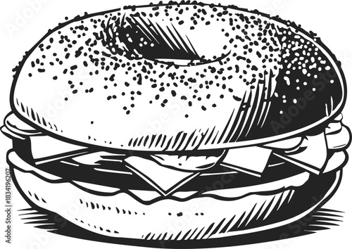 Bagel sandwich sketch hand drawn with cheese and deli meat filling. Vector illustration