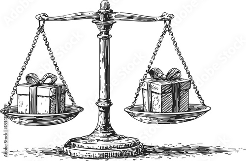 Balance scale sketch with two gift boxes, hand drawn style, weighing presents. Vector illustration
