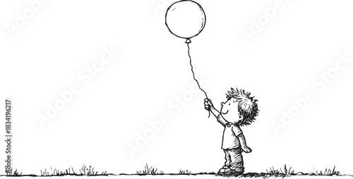 Child holding balloon sketch, hand drawn style, standing on grass, looking up. Vector illustration