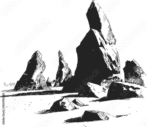 Rock formations sketch, hand drawn jagged monoliths and boulders in desert landscape. Vector illustration