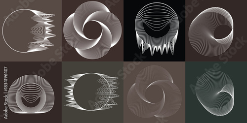 Abstract visual harmony of circles and curved lines , perfect for digital branding. Linear circular art with balanced curves ideal for posters, packaging and web design. Vector rotational shapes set.