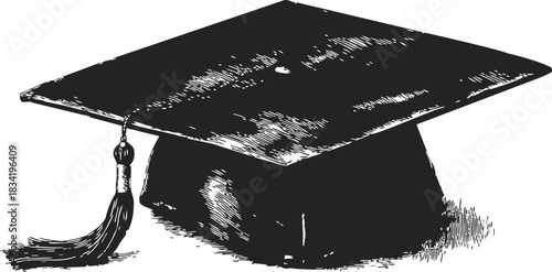 Graduation cap sketch, hand drawn mortarboard with tassel, academic symbol. Vector illustration