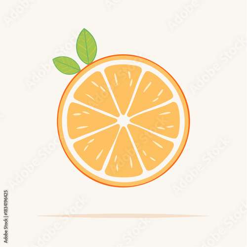 Close Up of a Vibrant Orange Slice with Green Leaves Against a Soft Cream Background