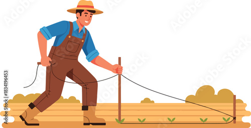 Farmer setting a guideline with a string across cultivated ground with small sprouts