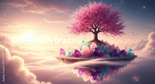 Magical floating island with cherry blossom tree and crystals at sunset