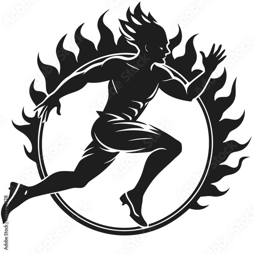 Silhouette of a man running through a ring of fire with flames erupting from his head and back