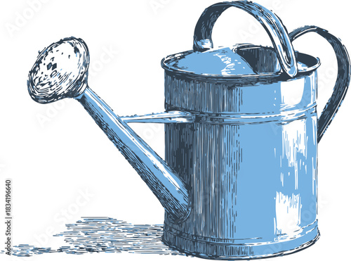 Watering can sketch hand drawn vintage style with long spout and handle. Vector illustration