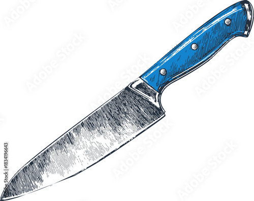 Chef's knife sketch hand drawn with blue handle and detailed blade. Vector illustration