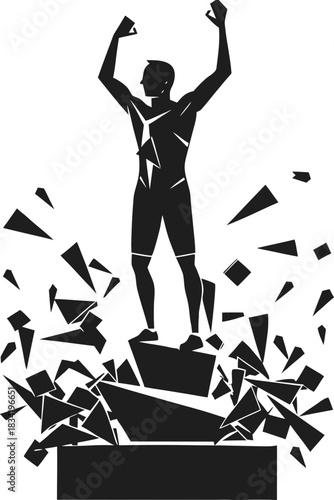 Victorious athlete shattering obstacles with explosive energy and triumph