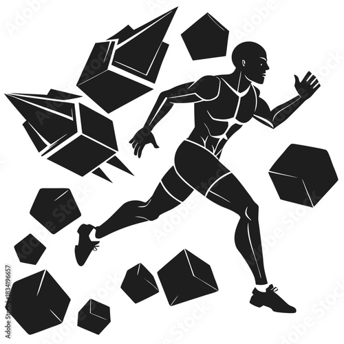Muscular male runner in silhouette overcoming geometric obstacles on black background