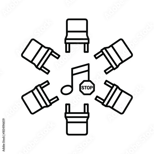Musical Chairs Game with Music Note and Stop Sign Outline Icon