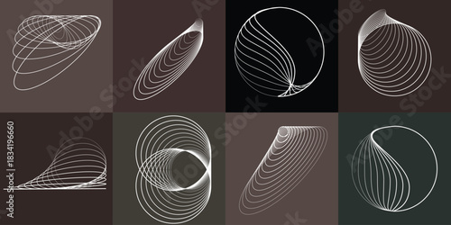 Abstract visual harmony of circles and curved lines , perfect for digital branding. Linear circular art with balanced curves ideal for posters, packaging and web design. Vector rotational shapes set.