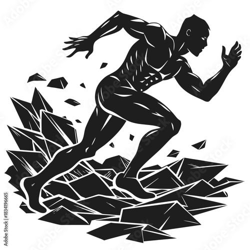 Muscular male runner silhouette breaking through jagged rocks with determination and speed