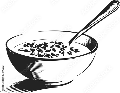 Cereal bowl sketch hand drawn with spoon and milk. Vector illustration