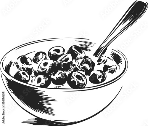 Bowl of cereal with spoon sketch, hand drawn breakfast food in milk. Vector illustration
