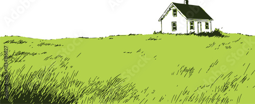 House sketch hand drawn on grassy hill with wide open landscape. Vector illustration