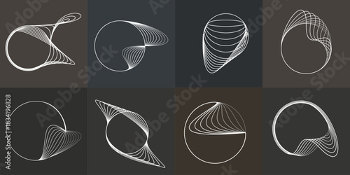 Abstract visual harmony of circles and curved lines , perfect for digital branding. Linear circular art with balanced curves ideal for posters, packaging and web design. Vector rotational shapes set.