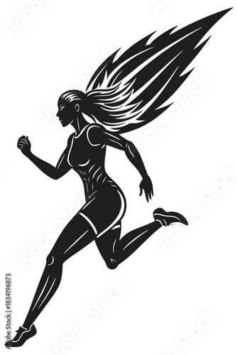 Dynamic silhouette of a female athlete running with windblown hair and muscular physique