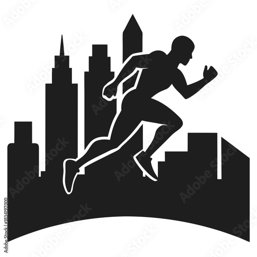 Silhouette of a man running in front of a city skyline at night