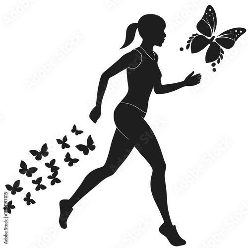 Silhouette of a woman running with butterflies emerging from her and flying towards a large butterfly