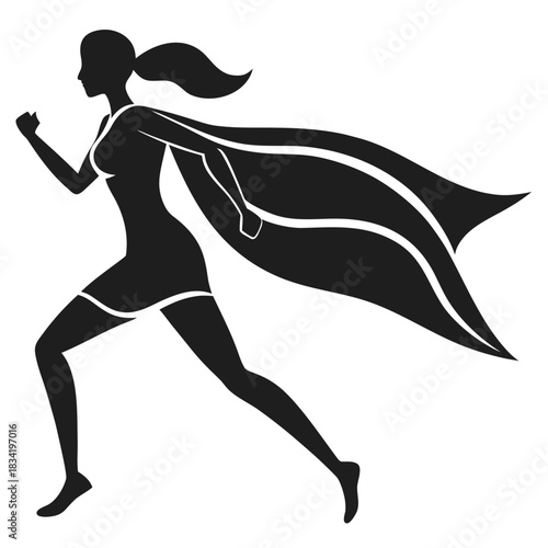 Dynamic silhouette of a female superhero running with a flowing cape