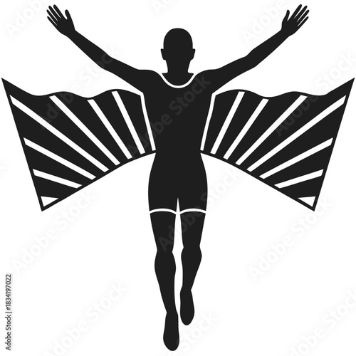 Silhouette of a triumphant athlete with outstretched arms and a flowing cape