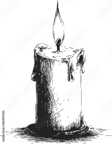 Candle hand drawn sketch with melting wax and burning flame. Vector illustration