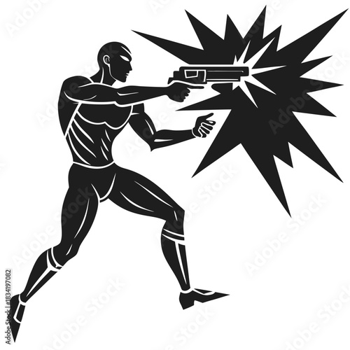 Silhouette of a muscular man firing a futuristic weapon with a powerful energy blast