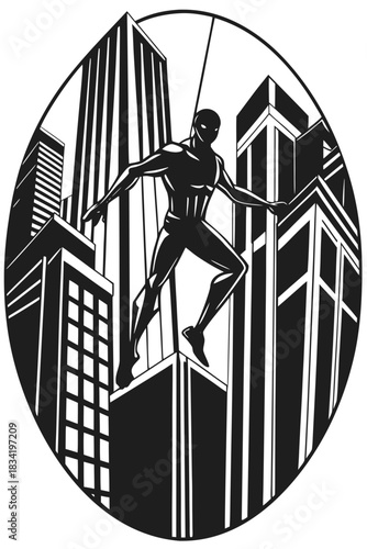 Silhouette of a superhero leaping between skyscrapers in a city at night