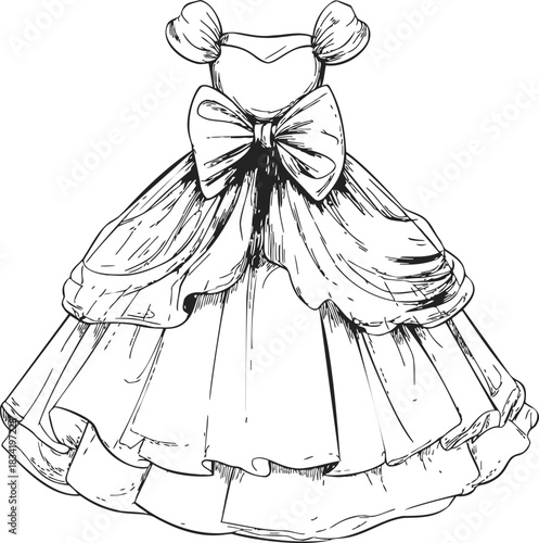 Princess dress sketch, hand drawn ball gown with large bow and puffy sleeves. Vector illustration