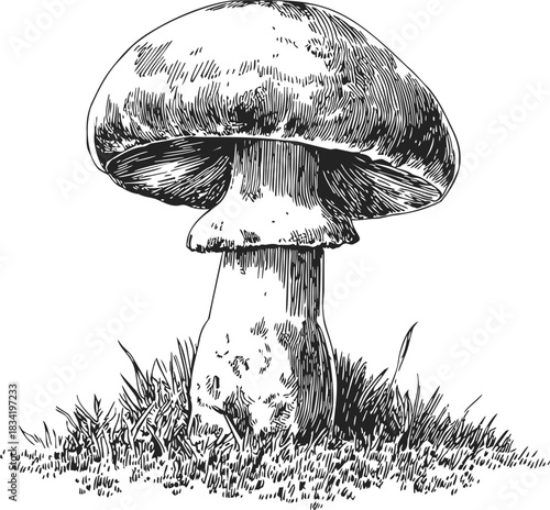 Mushroom sketch, hand drawn vector illustration of single mushroom with grass . Vector illustration