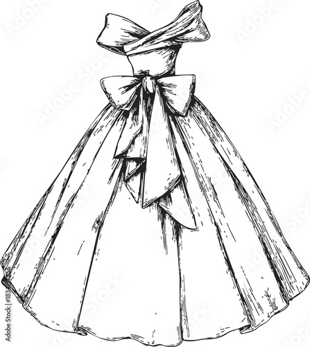 Vintage dress sketch, hand drawn style with large bow and full skirt. Vector illustration