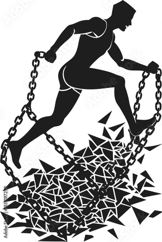 Silhouette of a person breaking free from chains and shattering obstacles
