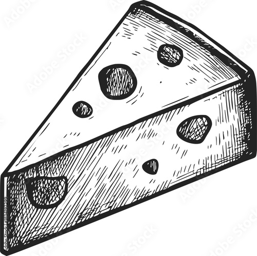 Cheese wedge sketch, hand drawn slice with holes, detailed dairy food. Vector illustration