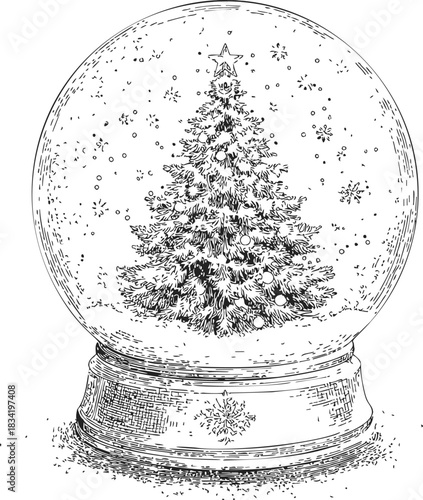 Christmas tree snow globe sketch, hand drawn festive winter scene. Vector illustration