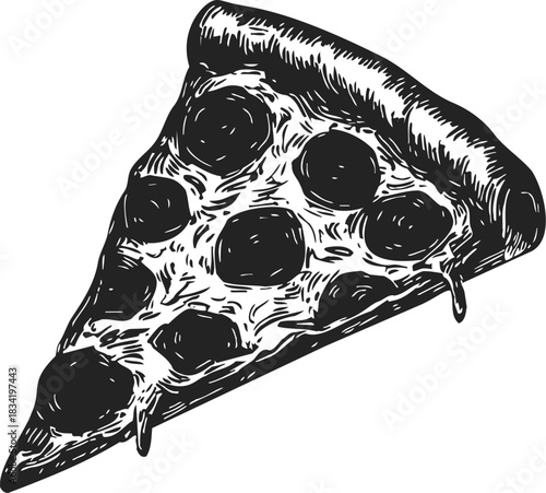 Pizza slice sketch hand drawn with pepperoni and melted cheese. Vector illustration