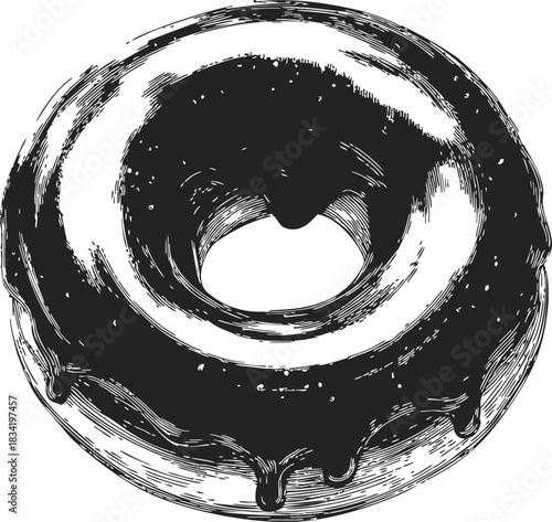 Chocolate donut sketch, hand drawn style with dripping glaze. Vector illustration