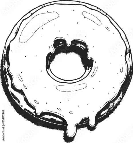 Donut sketch hand drawn with dripping glaze top view. Vector illustration