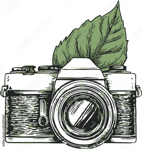 Vintage camera with green leaf, sketch hand drawn style, eco photography concept. Vector illustration