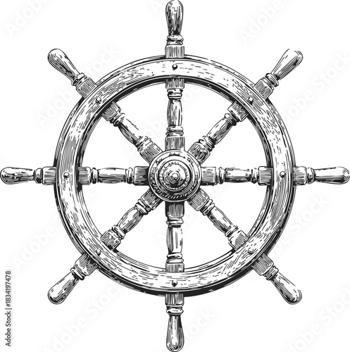 Ship wheel sketch, hand drawn nautical helm with wood texture details. Vector illustration