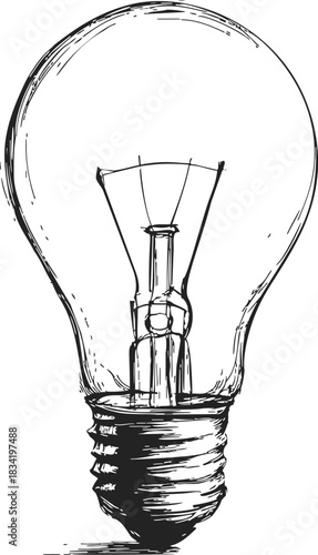 Light bulb sketch hand drawn style with detailed filament and screw base. Vector illustration
