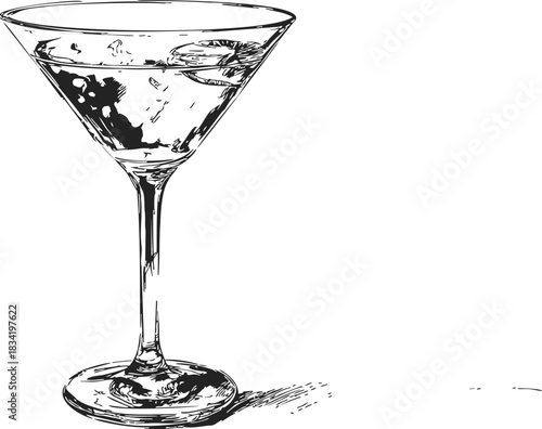 Martini glass sketch hand drawn with drink and olive garnish. Vector illustration