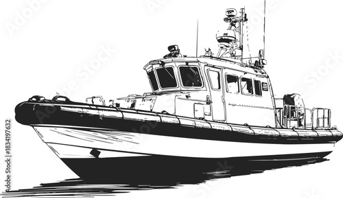 Pilot boat sketch, hand drawn vector, detailed maritime vessel with cabin and equipment. Vector illustration