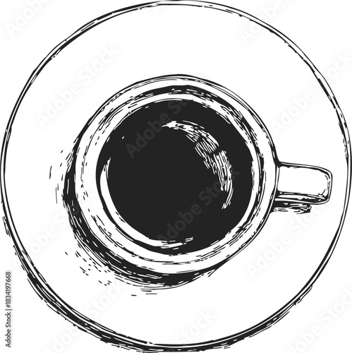 Coffee cup top view sketch, hand drawn style with saucer. Vector illustration