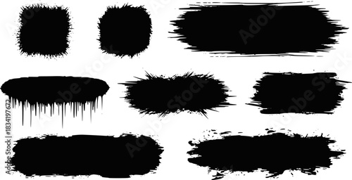 Black vector rough edge rectangles. Grunge square frames set. Jagged edge torn paper background collection. Paint brush strokes. Grungy distressed text boxes. Transparent background EPS version.